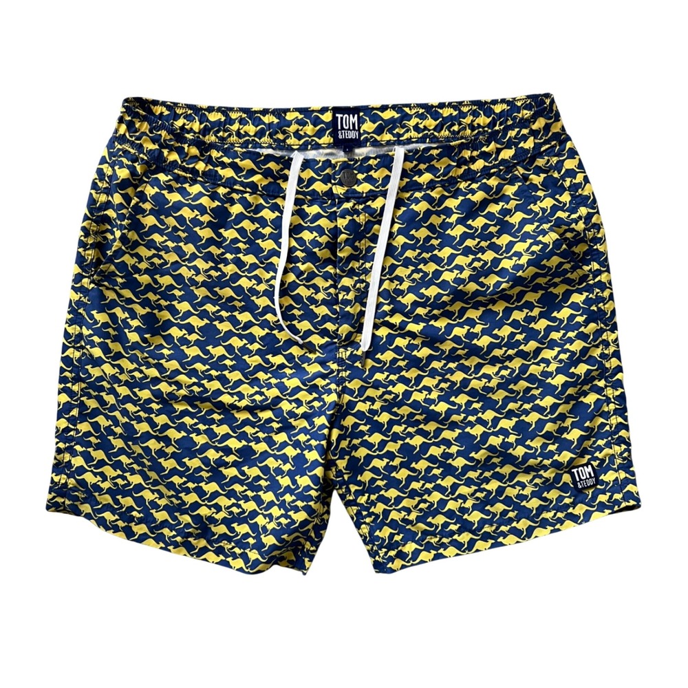 Tom and Teddy Mens Kangaroo Swim Trunks Board Shorts Navy Yellow‎ Size Large